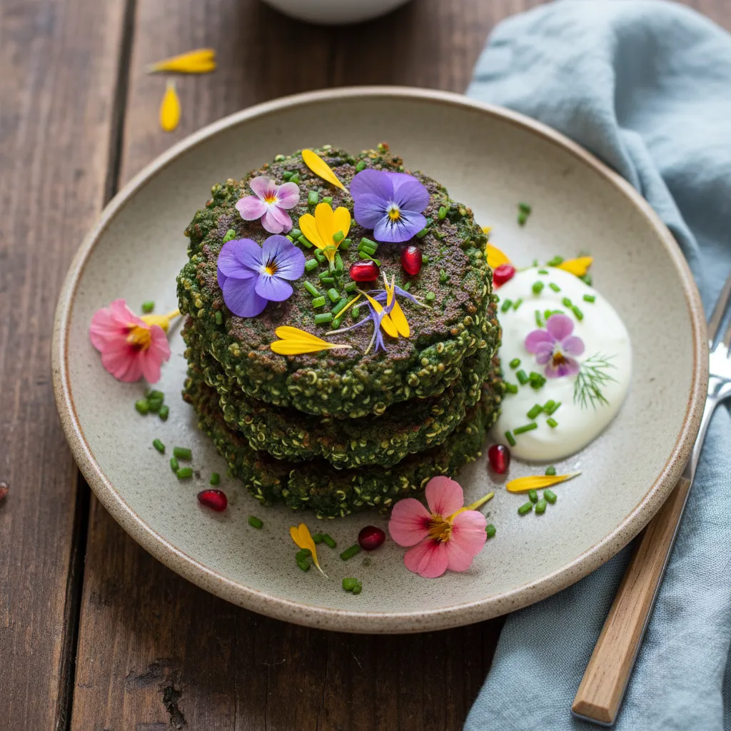 Spirulina & Edible Flower Quinoa Fritters