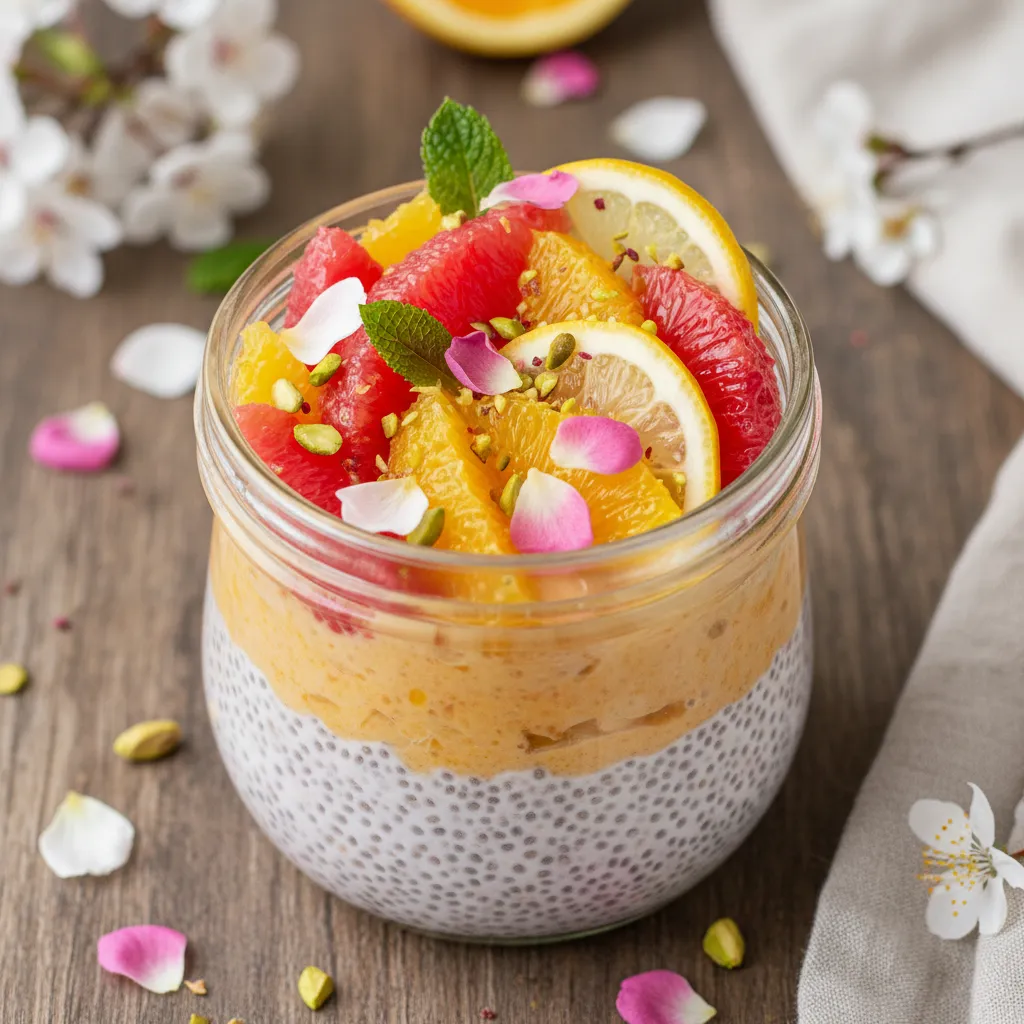 Spring Blossom Chia Pudding with Citrus and Edible Rose Petals