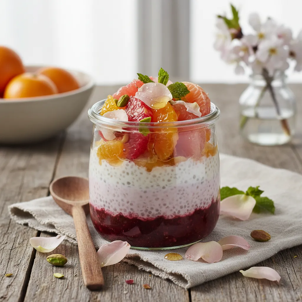 Spring Blossom Chia Pudding with Citrus and Edible Rose Petals