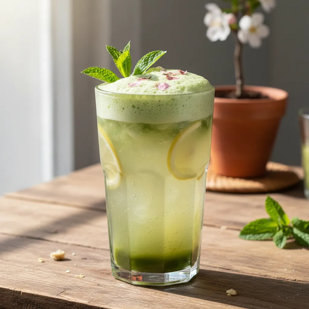 Spring Blossom Matcha Lemonade Fizz with Mint Infusion