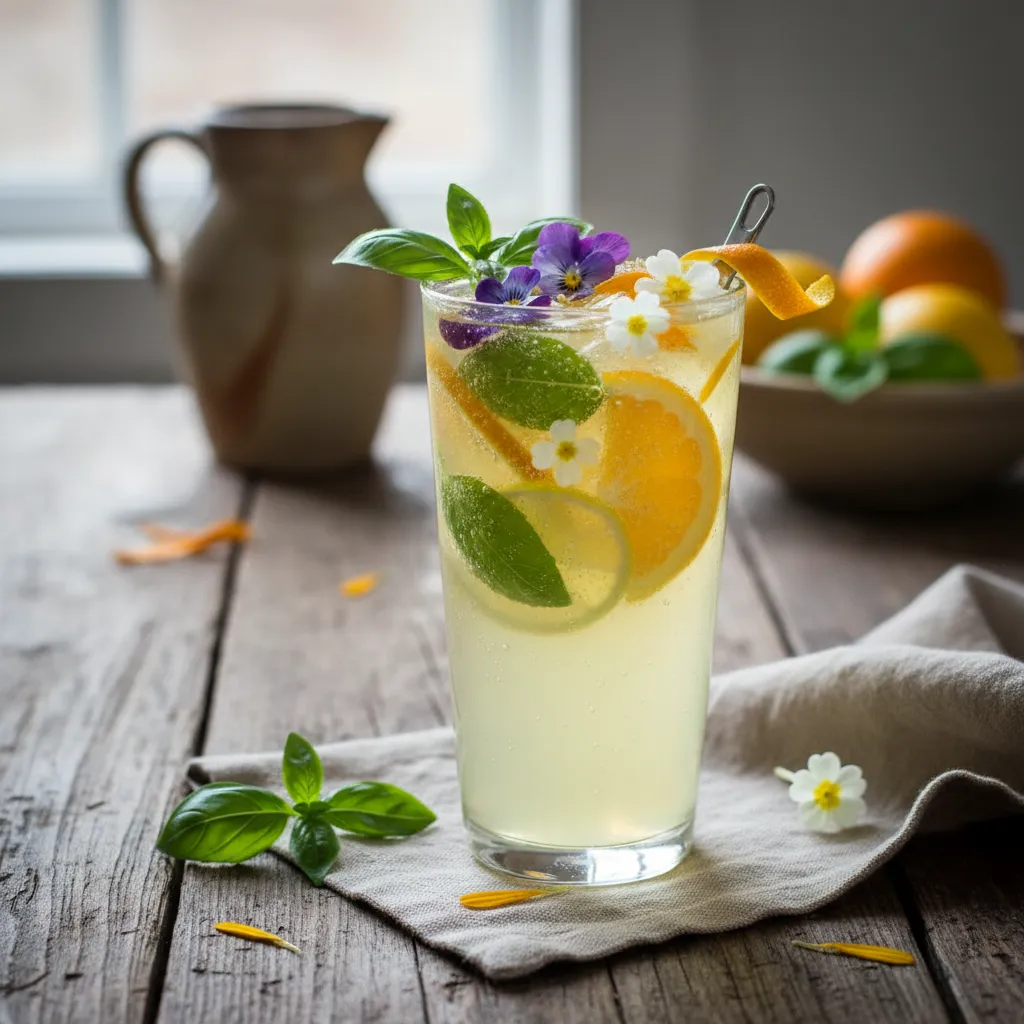 Spring Citrus Basil Sparkler with Edible Flowers