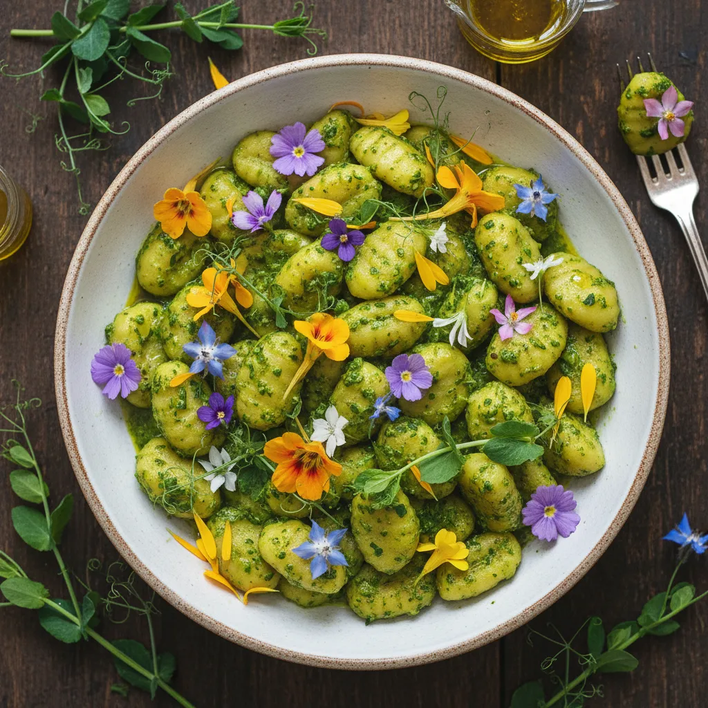 Spring Garden Gnocchi with Edible Flower Pesto
