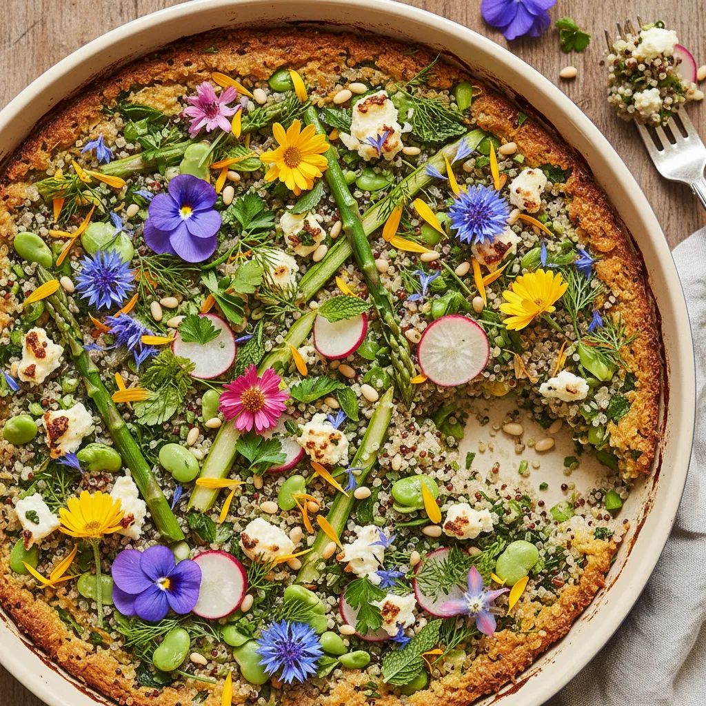 Spring Herb and Edible Flower Quinoa Bake