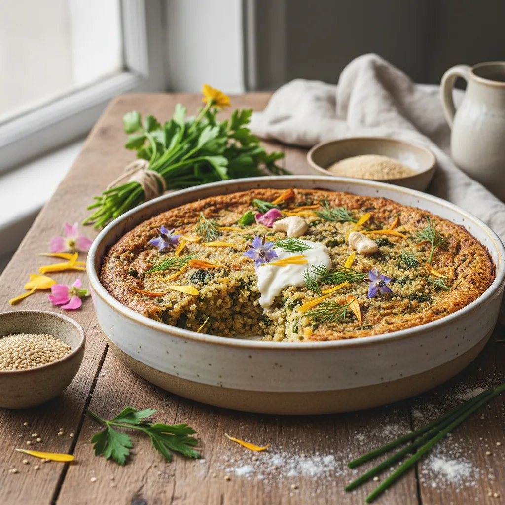 Spring Herb and Edible Flower Quinoa Bake