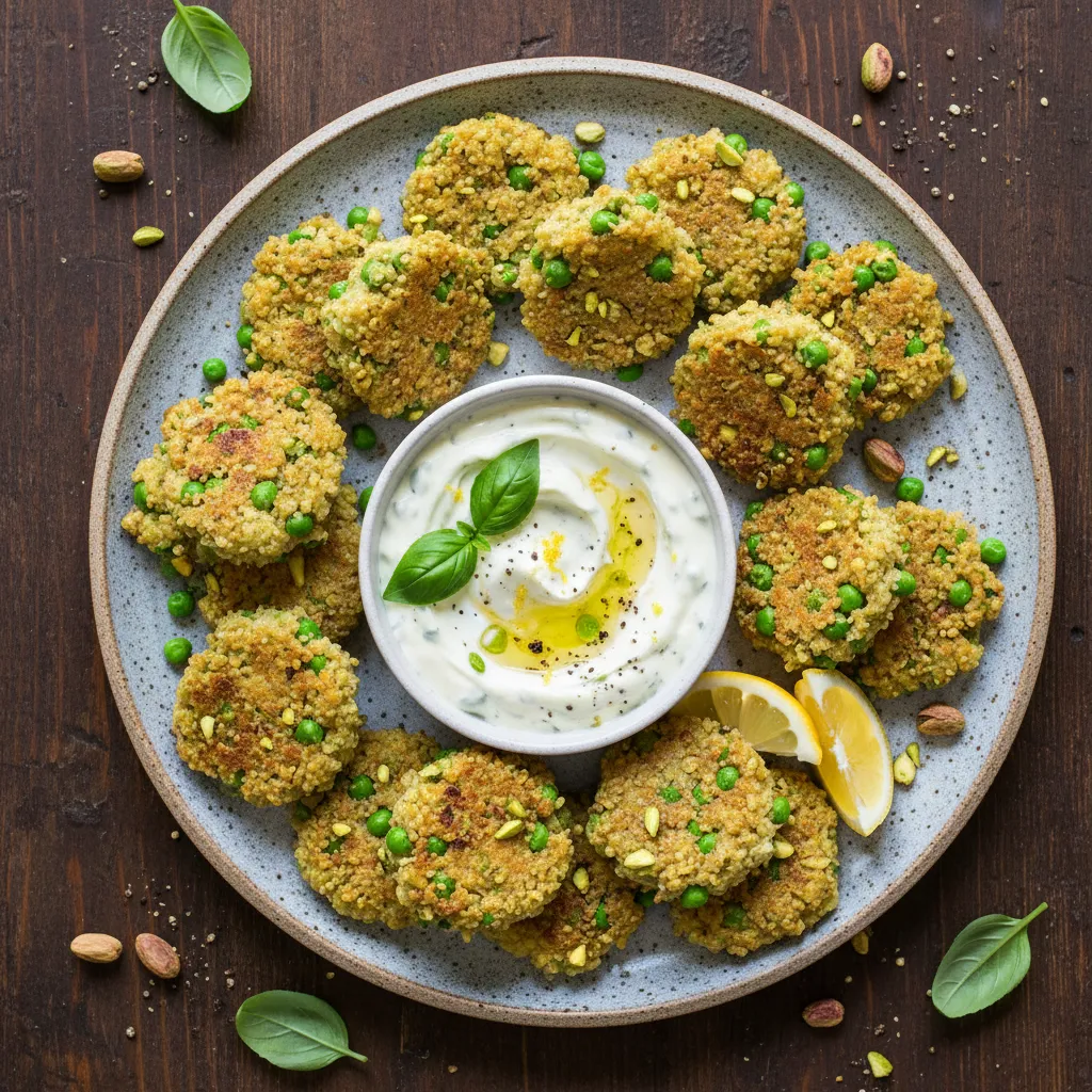 Spring Pea and Pistachio Quinoa Bites with Lemon Basil Dip