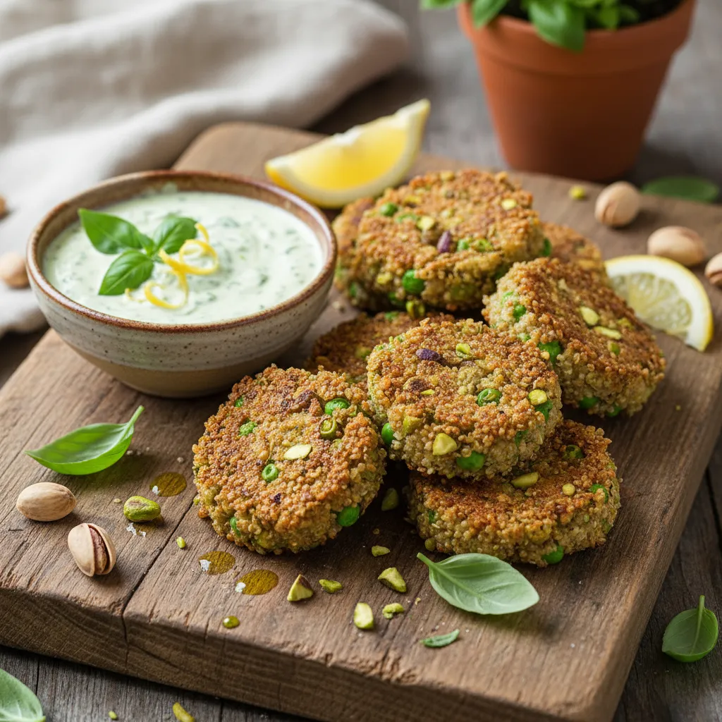 Spring Pea and Pistachio Quinoa Bites with Lemon Basil Dip