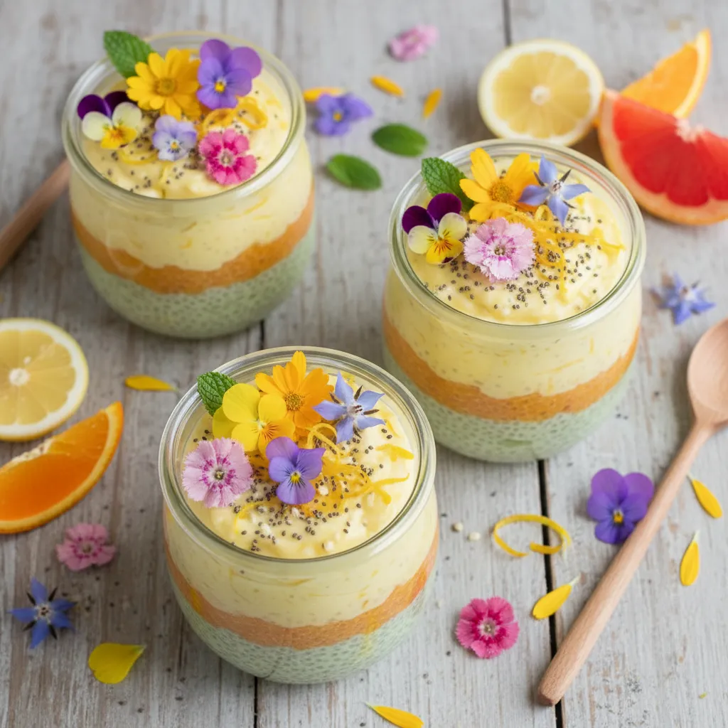Spring Sunshine Citrus Chia Jars with Edible Flower Toppings