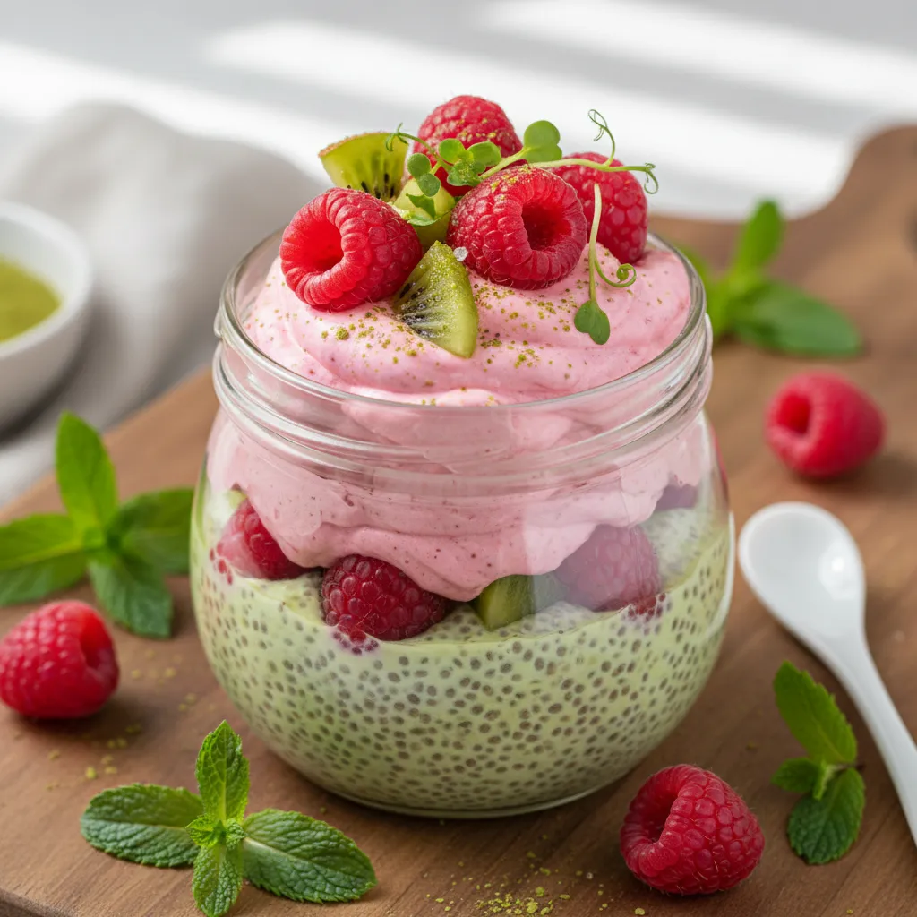 Spring Zing Matcha Chia Pudding with Raspberry Whip