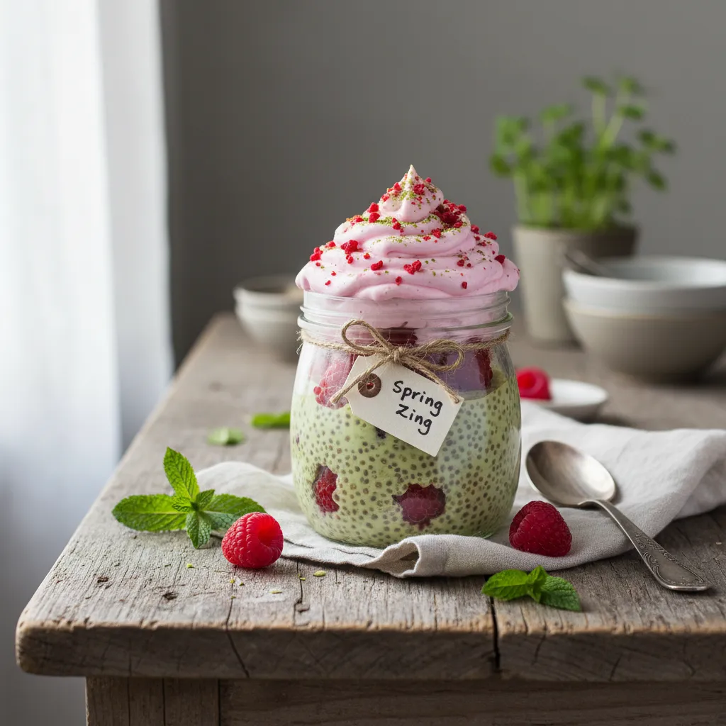 Spring Zing Matcha Chia Pudding with Raspberry Whip