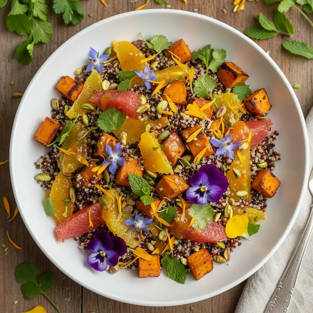 Sweet Potato & Edible Flower Quinoa Salad with Citrus Vinaigrette