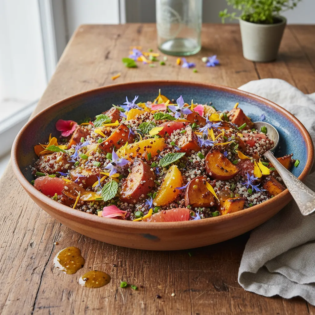 Sweet Potato & Edible Flower Quinoa Salad with Citrus Vinaigrette