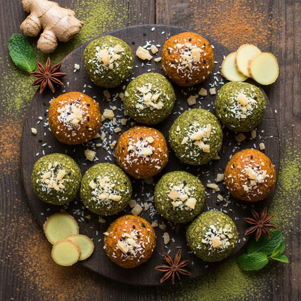 Sweet Potato and Matcha Coconut Energy Bites with a Ginger Kick