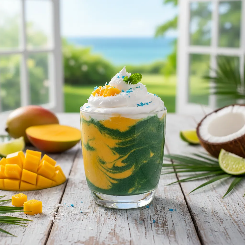 Tropical Mango Spirulina Smoothie with a Coconut Whip