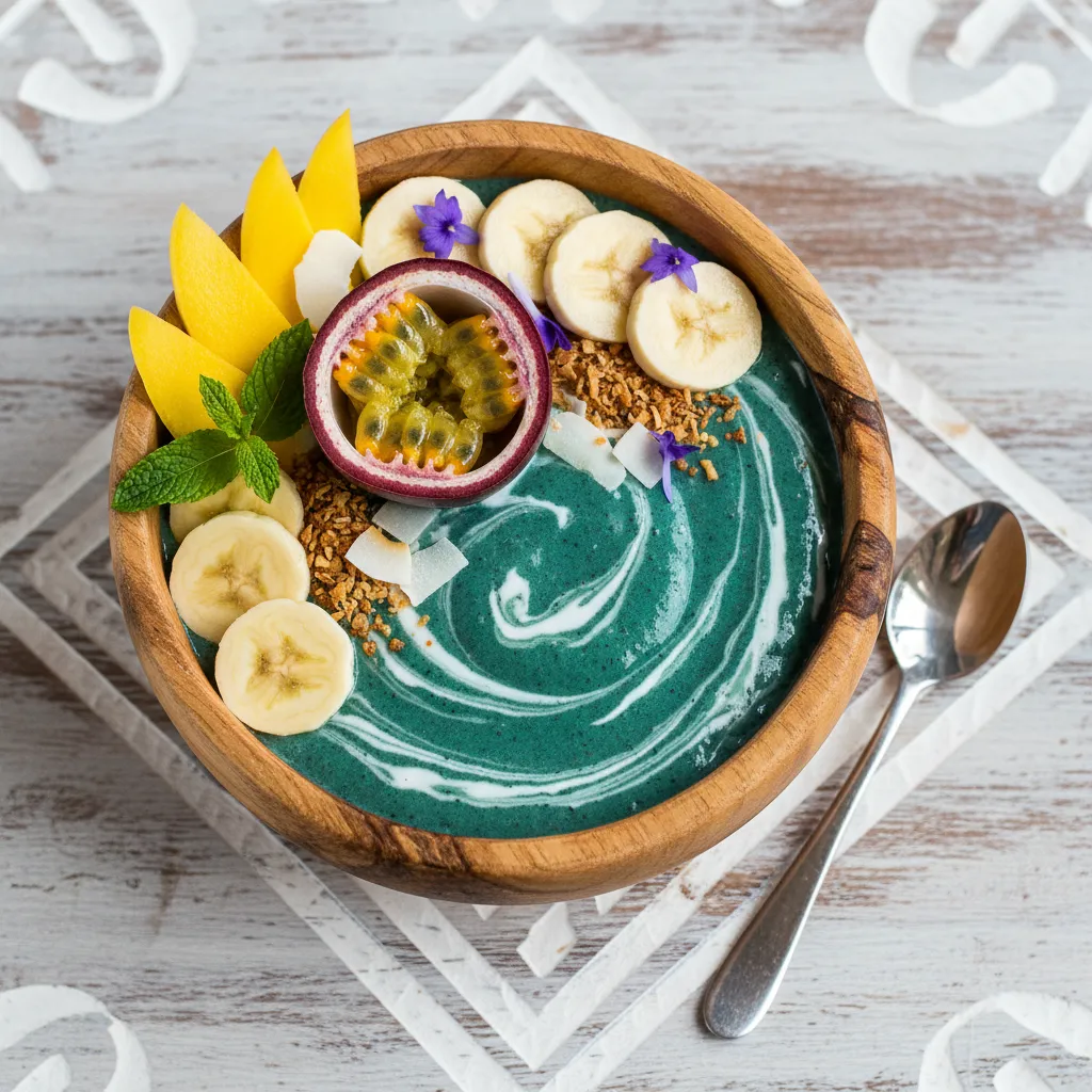 Tropical Spirulina Coconut Water Smoothie Bowl with Passion Fruit