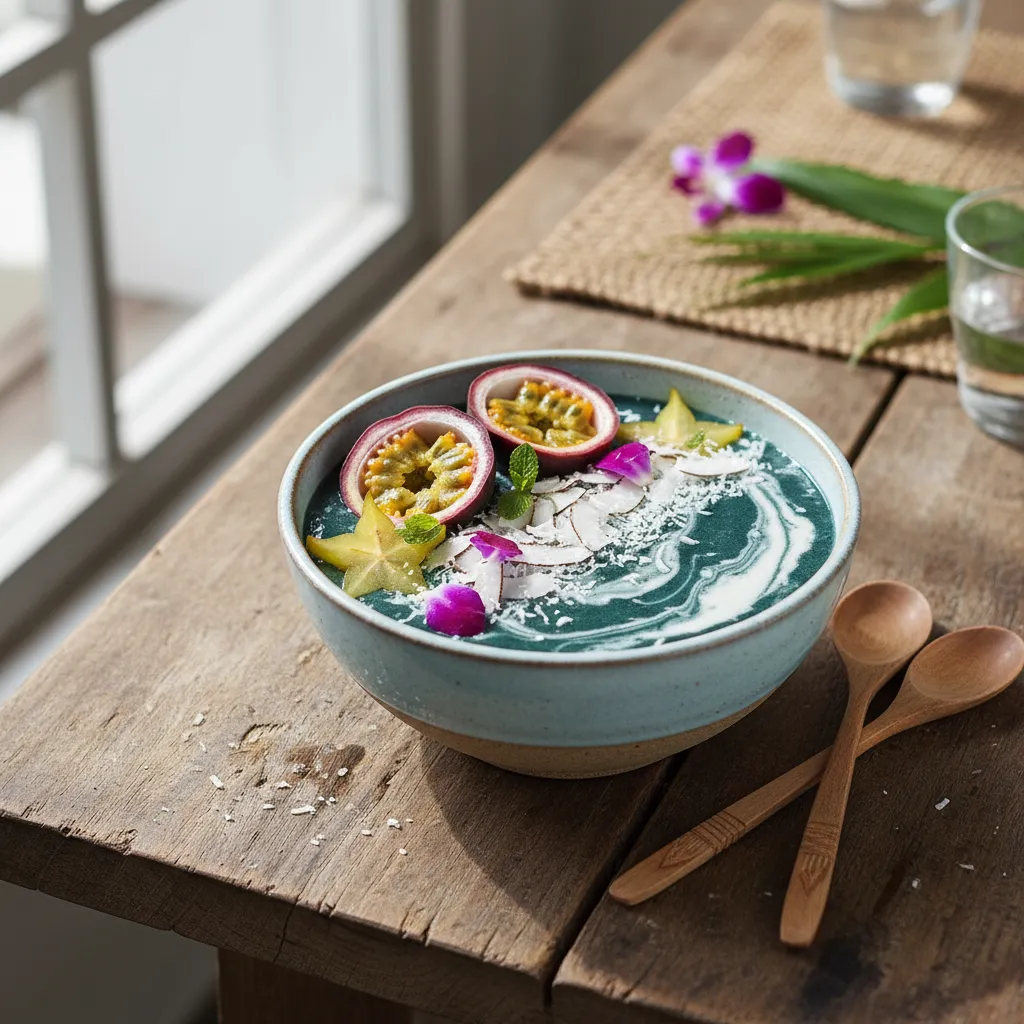 Tropical Spirulina Coconut Water Smoothie Bowl with Passion Fruit
