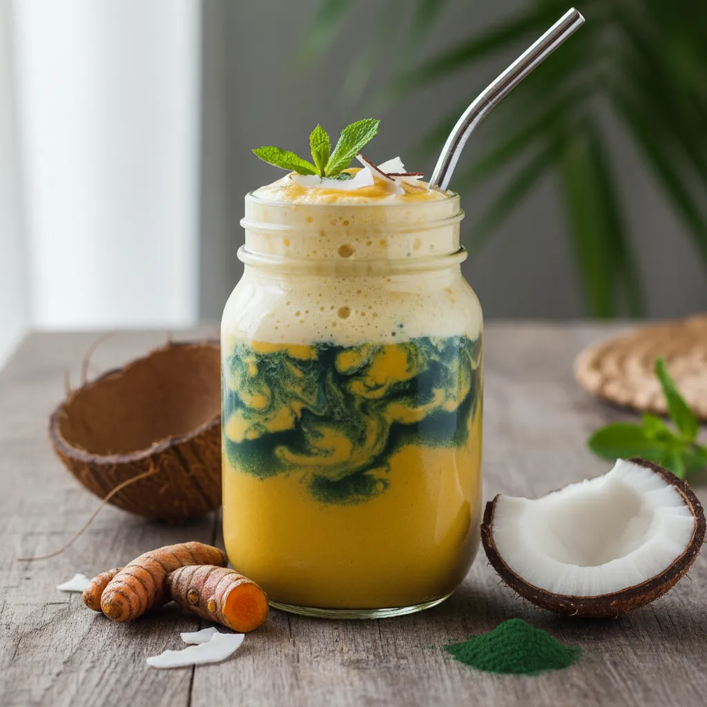 Tropical Turmeric & Coconut Smoothie with Spirulina Swirl