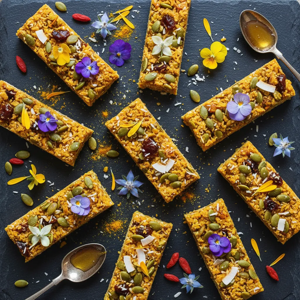 Turmeric-Infused Pumpkin Seed Energy Bars with Edible Flower Topping