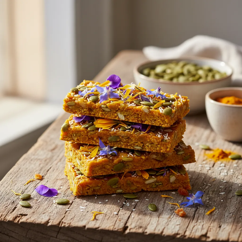 Turmeric-Infused Pumpkin Seed Energy Bars with Edible Flower Topping