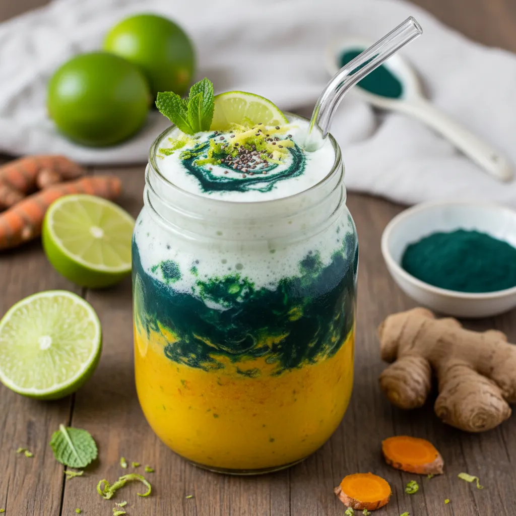 Turmeric-Lime Infused Superfood Smoothie with Spirulina and Ginger Kick