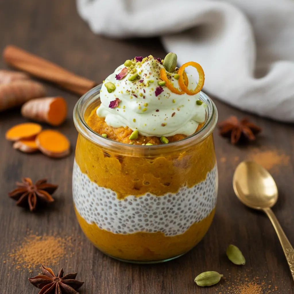 Turmeric Sweet Potato Chia Pudding with Cardamom Whip