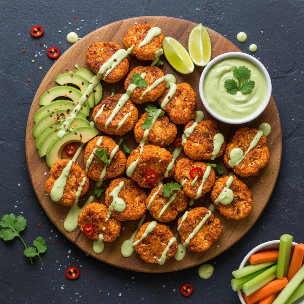 Vegan Cauliflower Buffalo Bites with Avocado-Lime Sauce