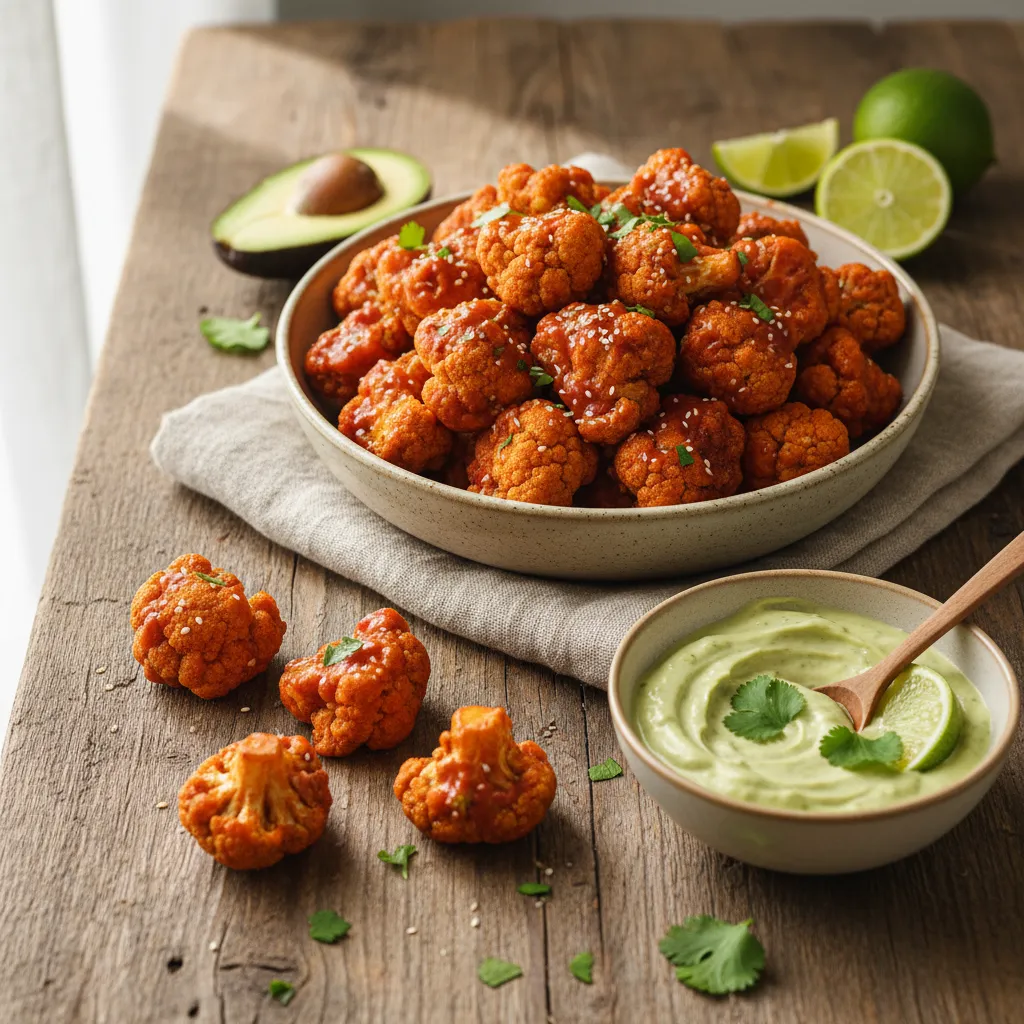Vegan Cauliflower Buffalo Bites with Avocado-Lime Sauce