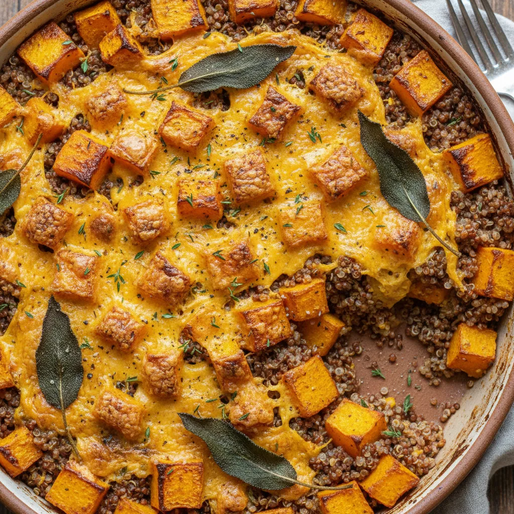 Vegan Cheesy Butternut Squash and Sage Quinoa Bake