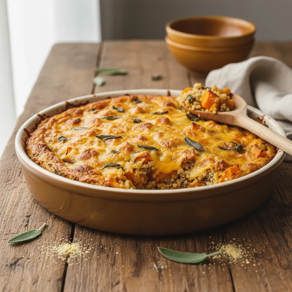 Vegan Cheesy Butternut Squash and Sage Quinoa Bake