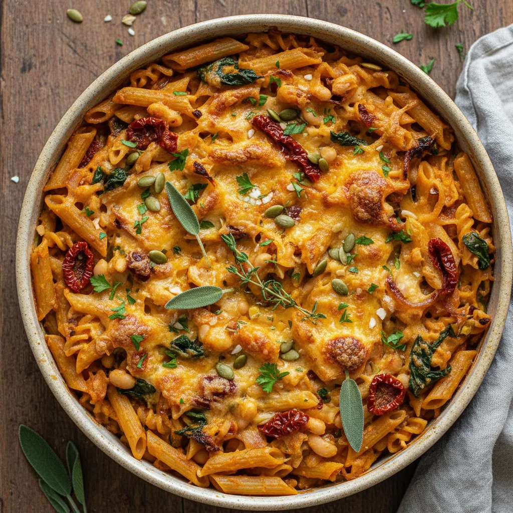 Vegan Creamy Pumpkin and White Bean Pasta Bake