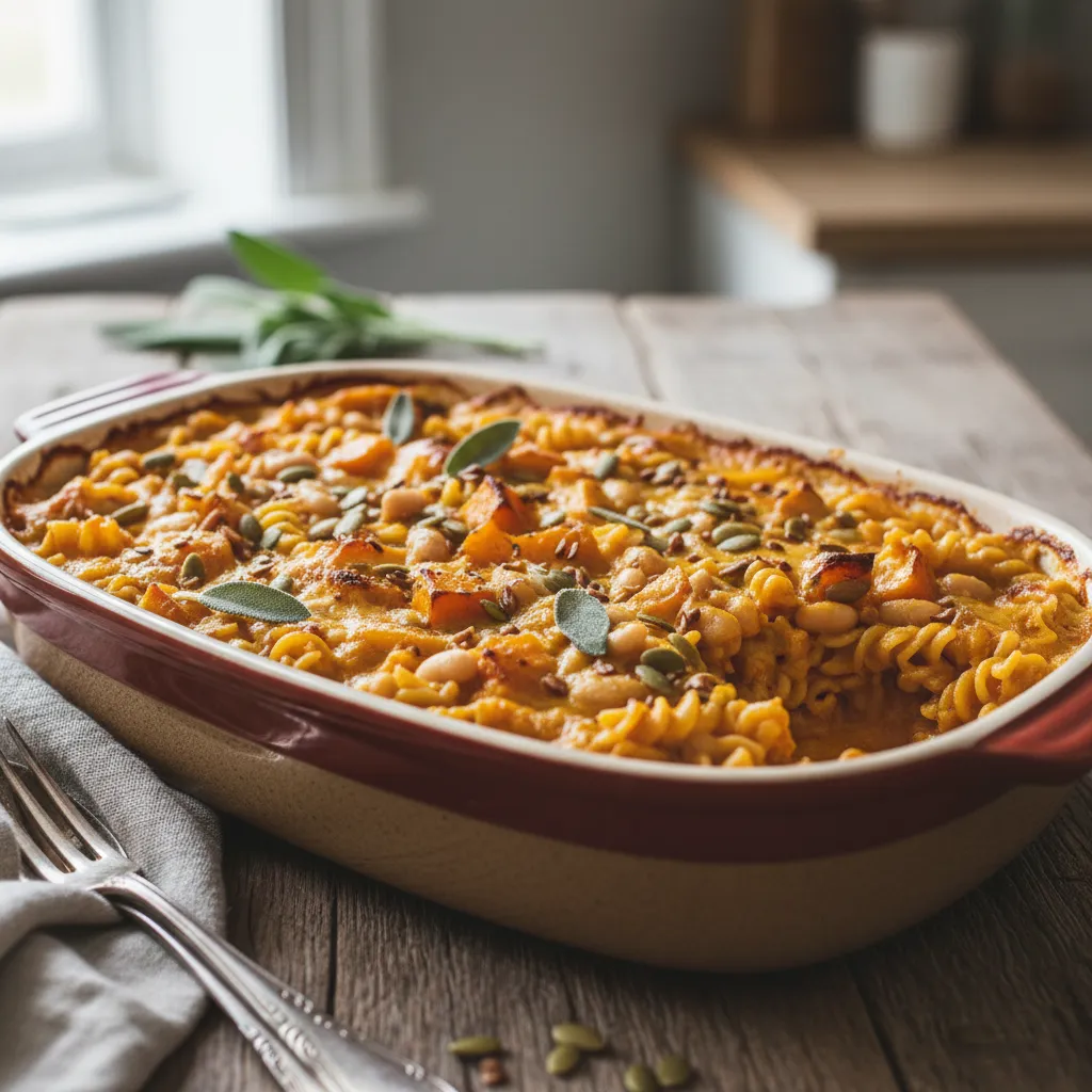 Vegan Creamy Pumpkin and White Bean Pasta Bake