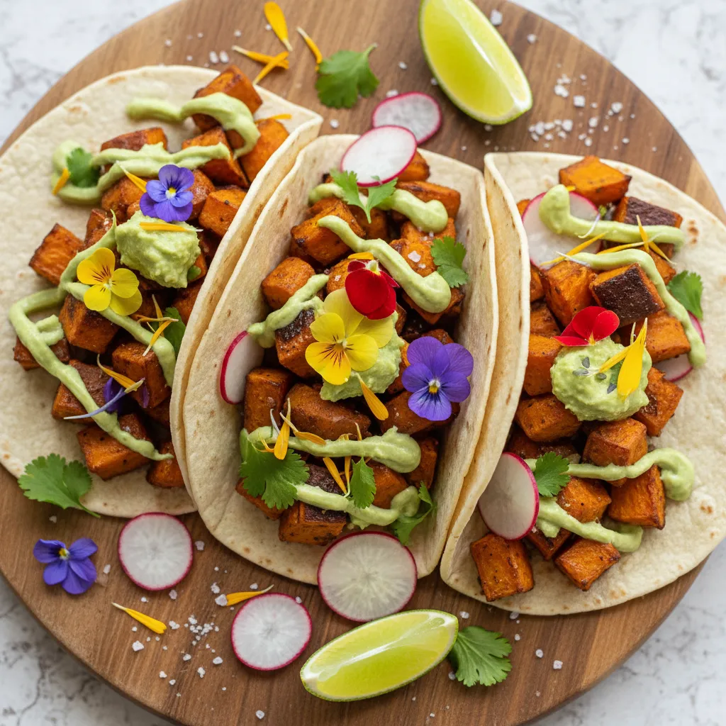 Vegan Sweet Potato & Edible Flower Tacos with Avocado Lime Cream