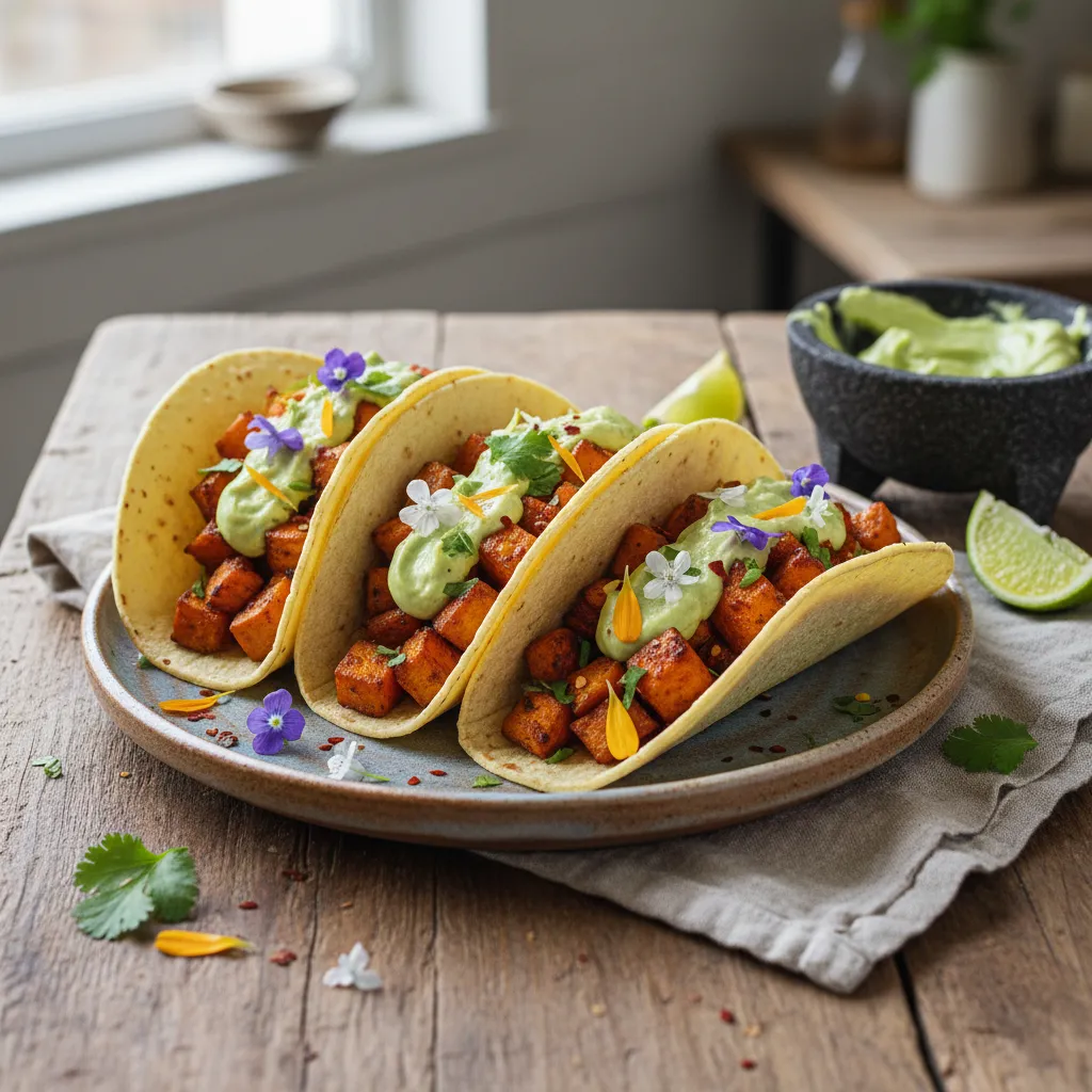 Vegan Sweet Potato & Edible Flower Tacos with Avocado Lime Cream