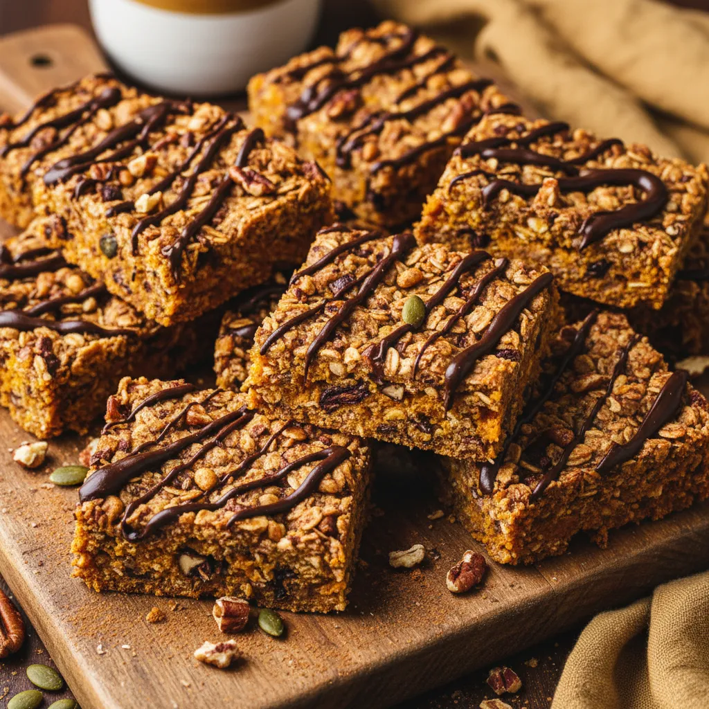 Velvety Pumpkin Oatmeal Protein Bars with a Chocolate Drizzle