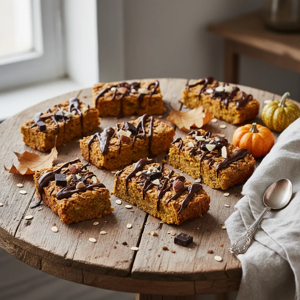 Velvety Pumpkin Oatmeal Protein Bars with a Chocolate Drizzle