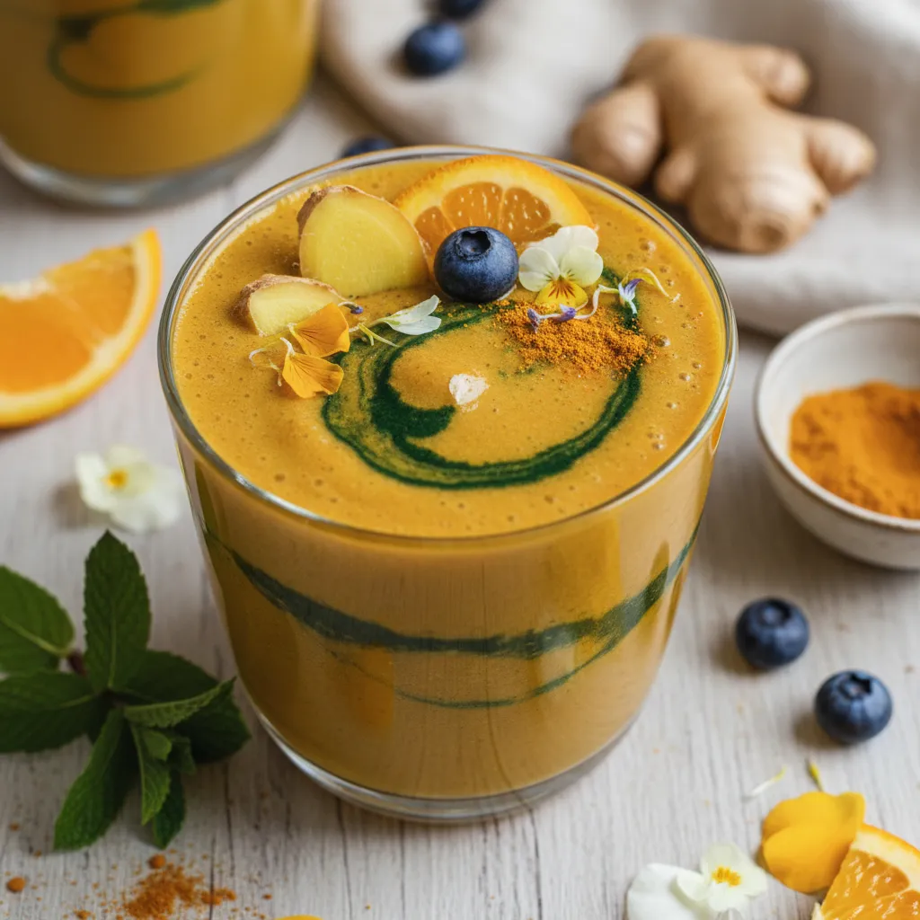 Velvety Turmeric Ginger Citrus Smoothie with Spirulina Swirl