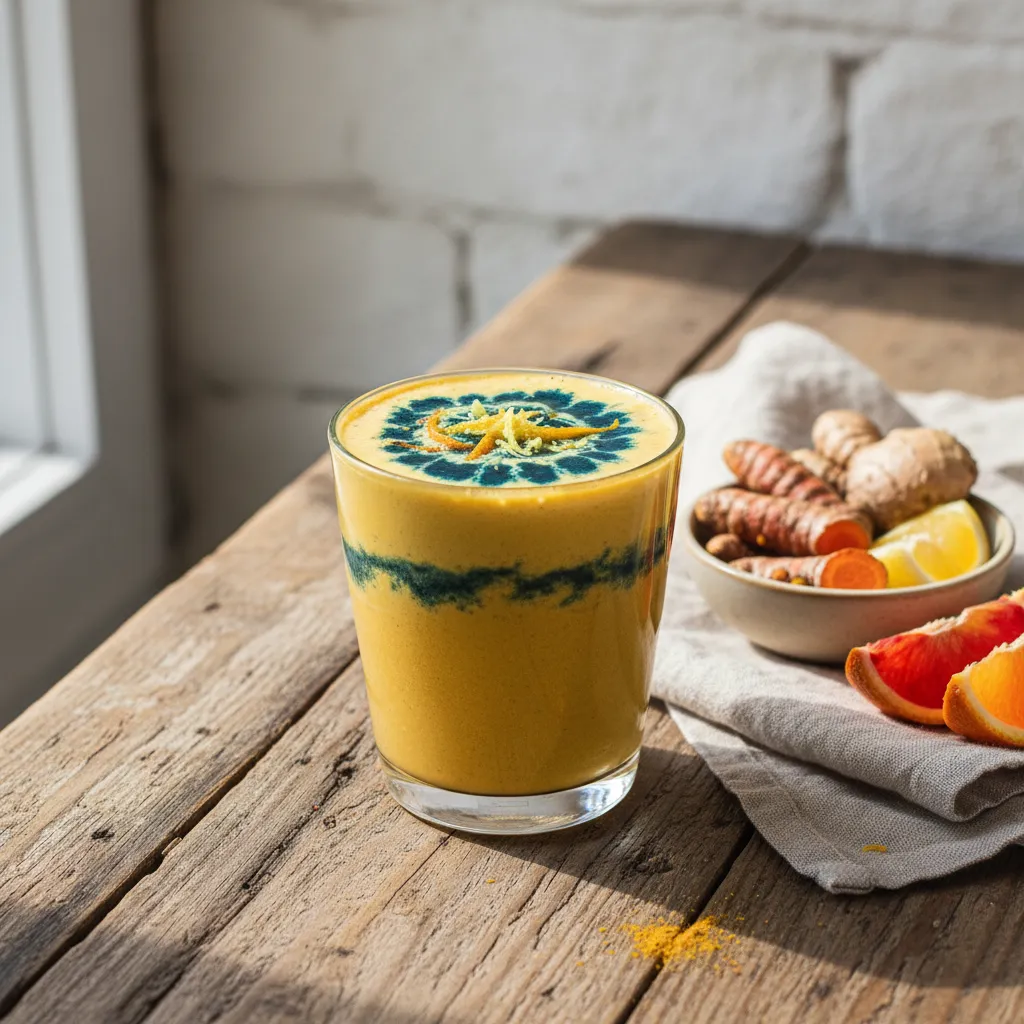 Velvety Turmeric Ginger Citrus Smoothie with Spirulina Swirl
