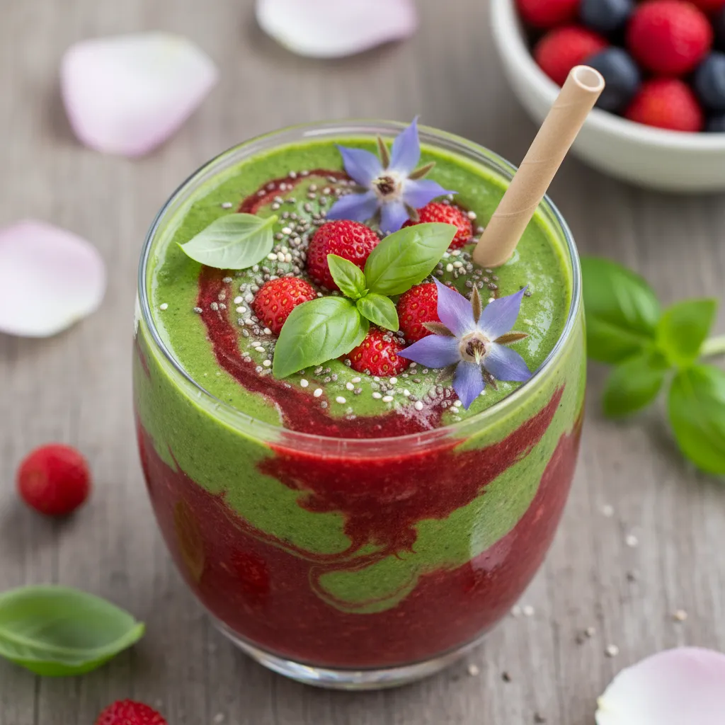 Vibrant May Flower Strawberry Basil Smoothie