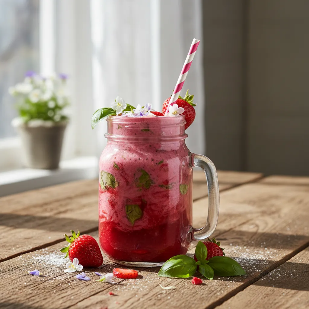 Vibrant May Flower Strawberry Basil Smoothie