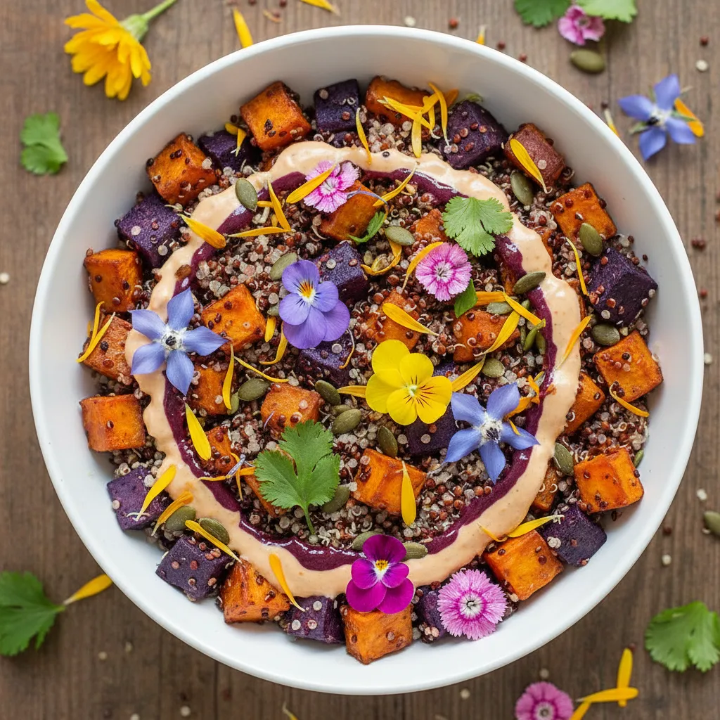 Vibrant Sweet Potato and Edible Flower Quinoa Bowl