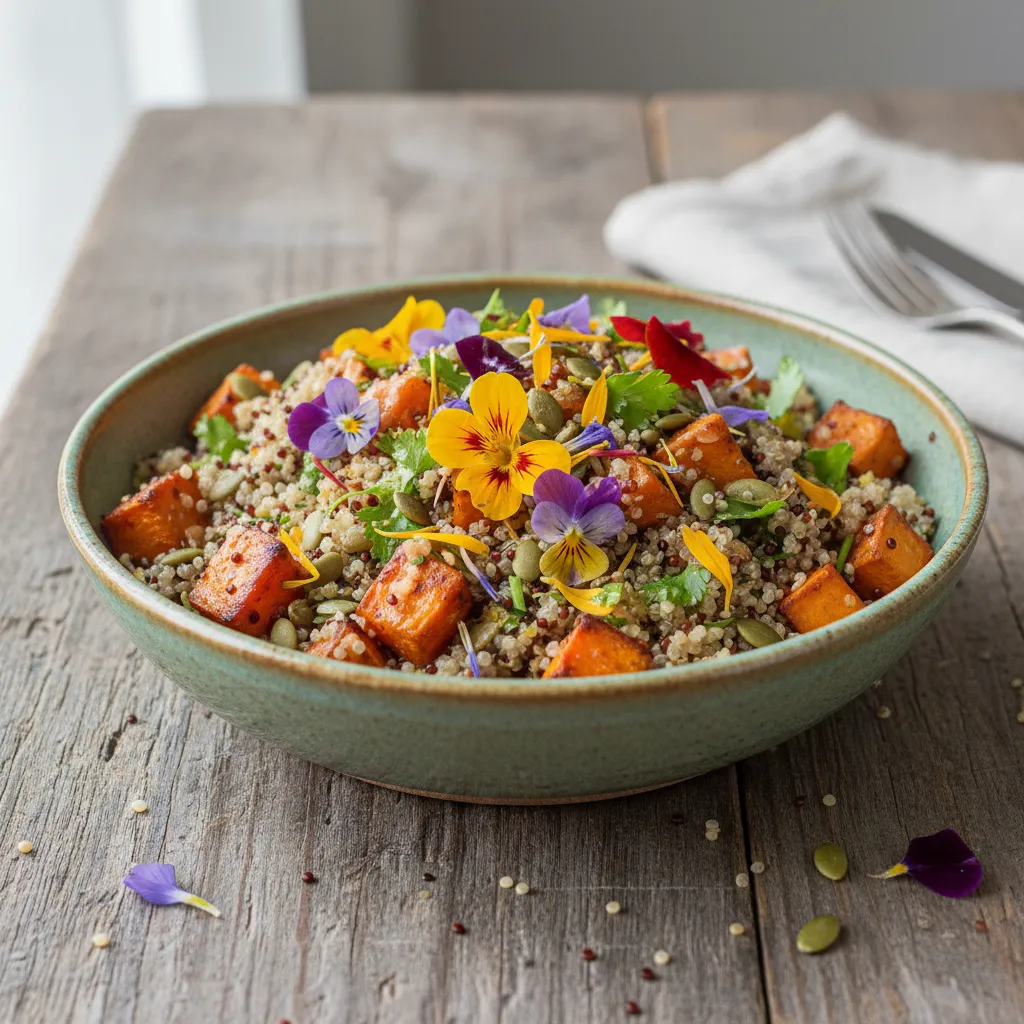 Vibrant Sweet Potato and Edible Flower Quinoa Bowl