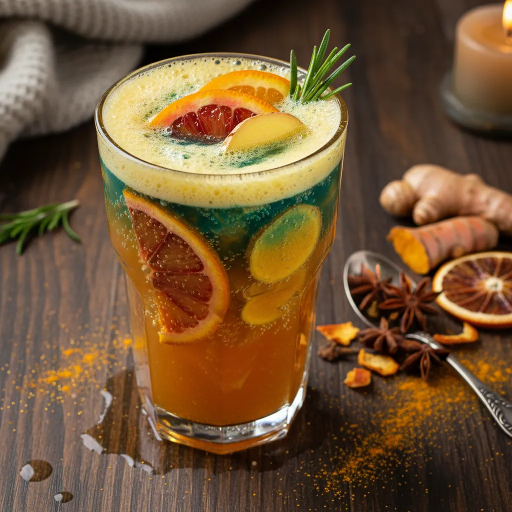 Warming Ginger Turmeric Winter Citrus Fizz with a Spirulina Kick