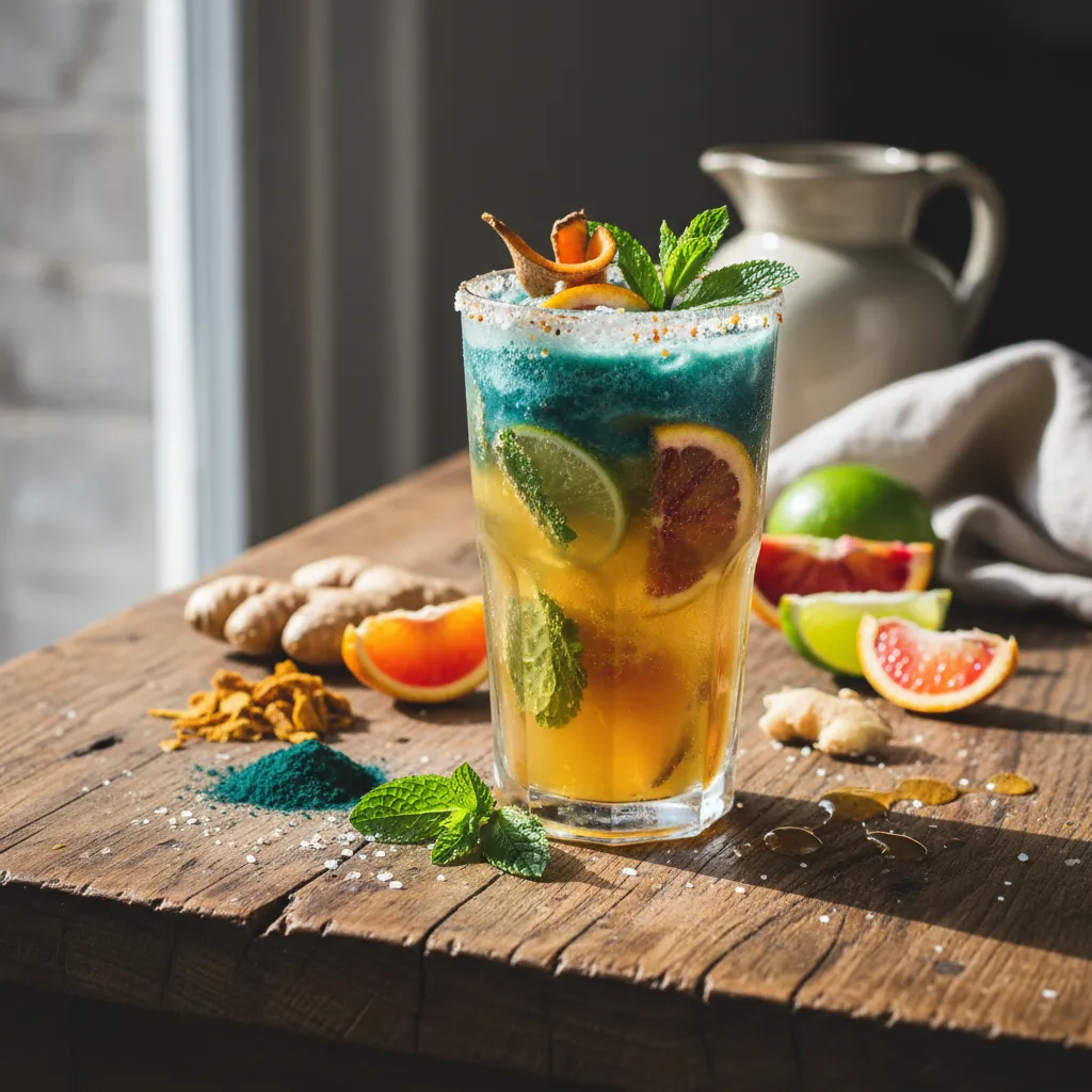 Warming Ginger Turmeric Winter Citrus Fizz with a Spirulina Kick