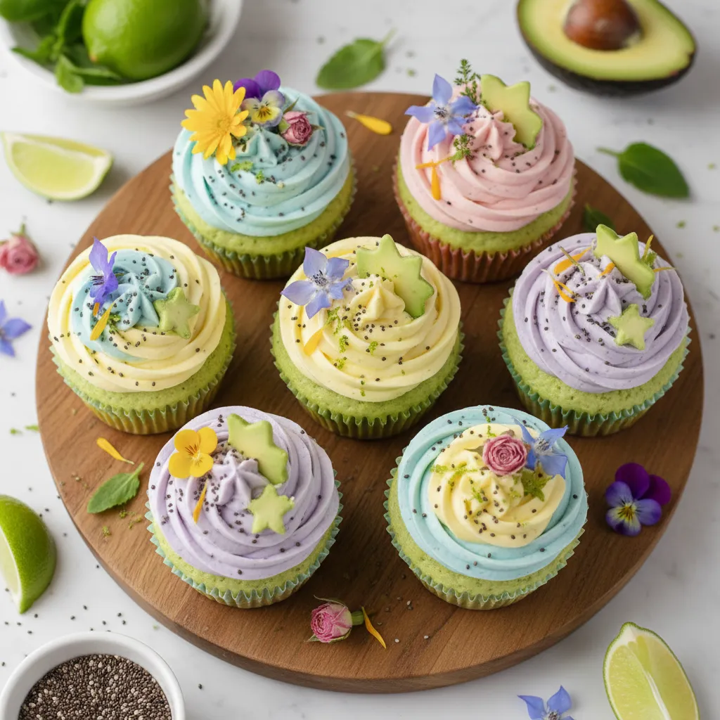 Whimsical Avocado Lime Chia Cupcakes with Edible Flower Frosting