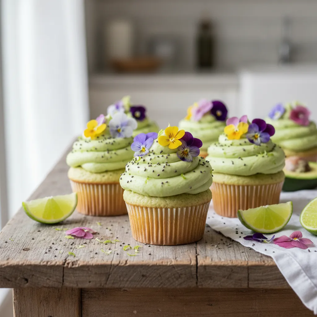 Whimsical Avocado Lime Chia Cupcakes with Edible Flower Frosting