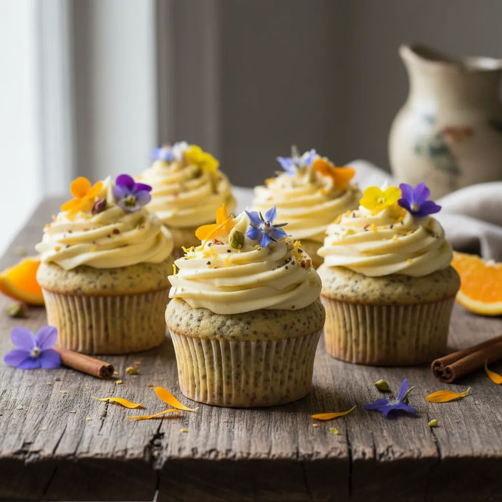 Whimsical Citrus & Spice Chia Cupcakes with Edible Flower Frosting