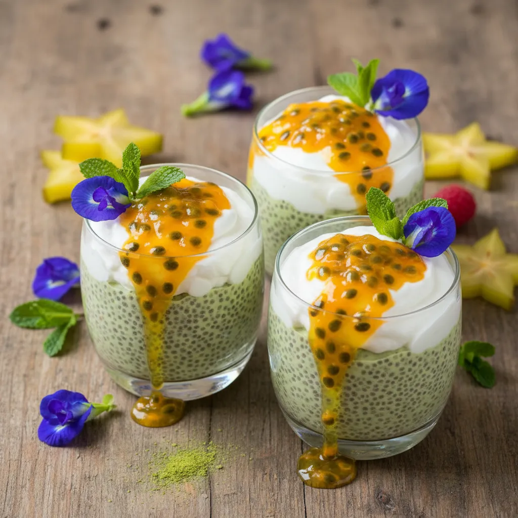 Whimsical Coconut Matcha Chia Pudding Cups with Passionfruit Drizzle