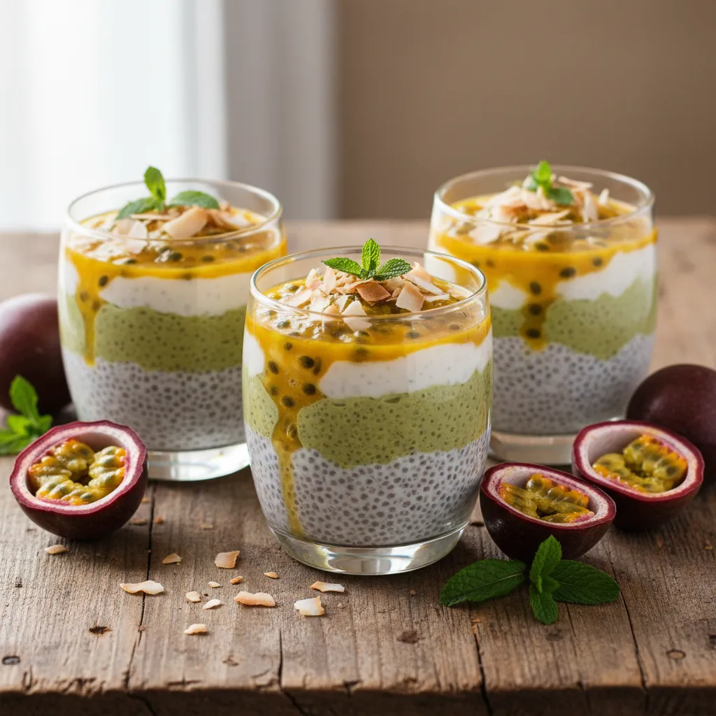 Whimsical Coconut Matcha Chia Pudding Cups with Passionfruit Drizzle