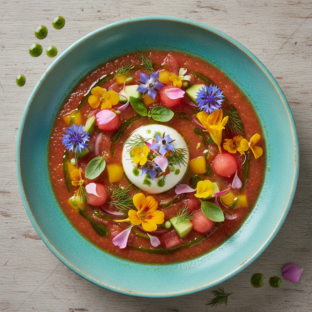 Whimsical Gazpacho with Edible Flower Garnish