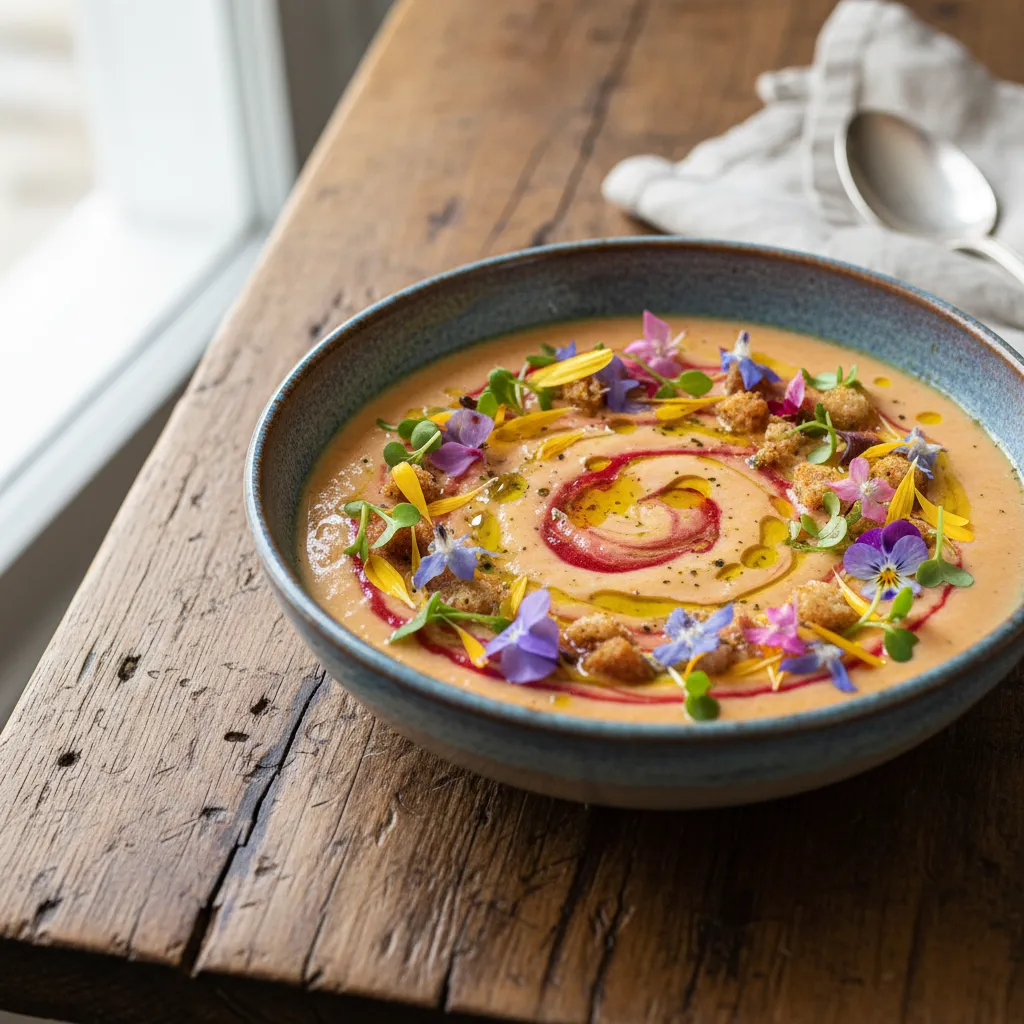 Whimsical Gazpacho with Edible Flower Garnish