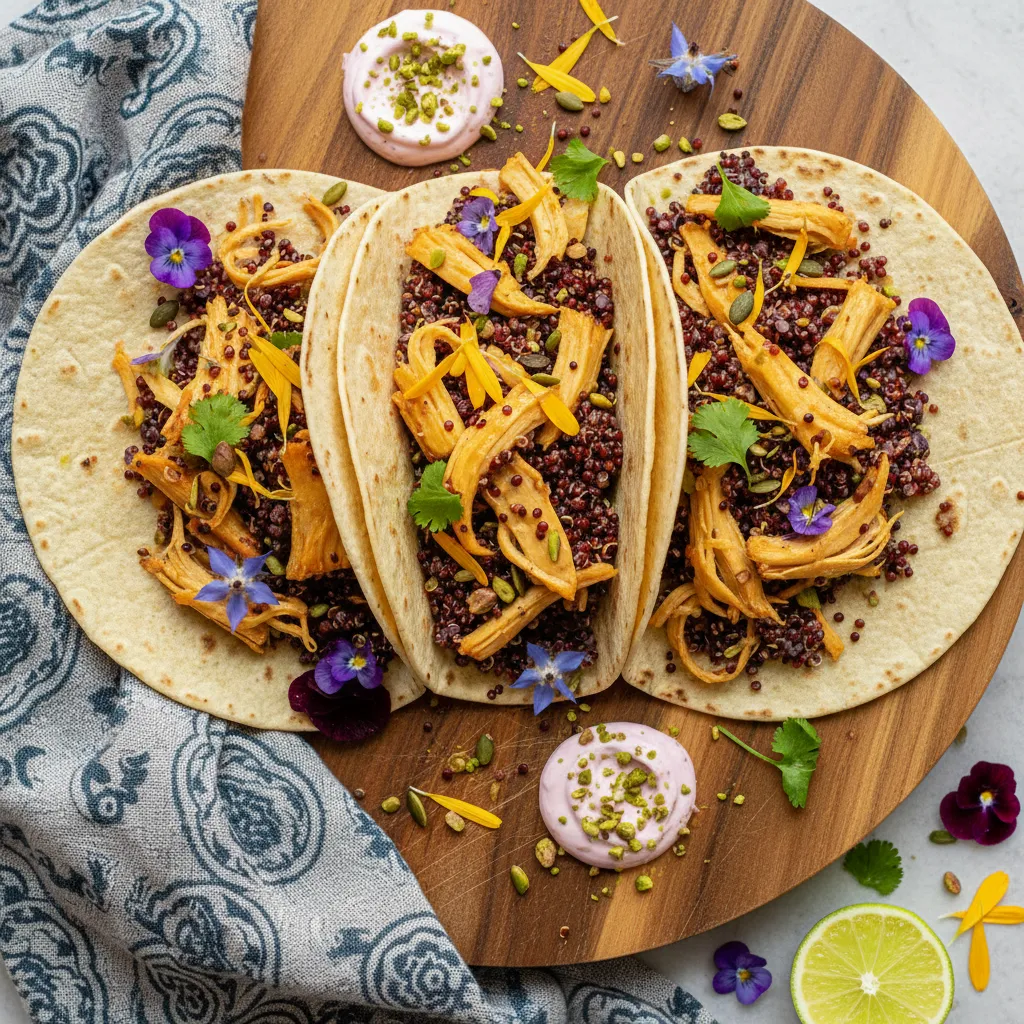 Whimsical Jackfruit and Edible Flower Quinoa Tacos